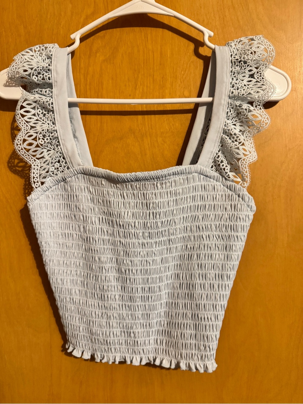 Express Light Blue Smocked Eyelet Strap Crop Top
